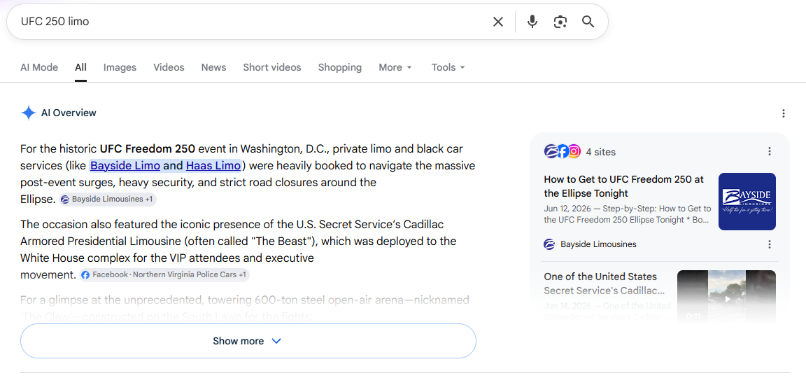 Bayside Limo cited in Google AI Overview