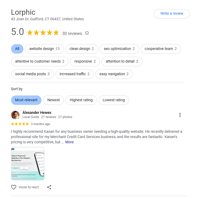 Lorphic Google reviews 5.0 rating 30 reviews